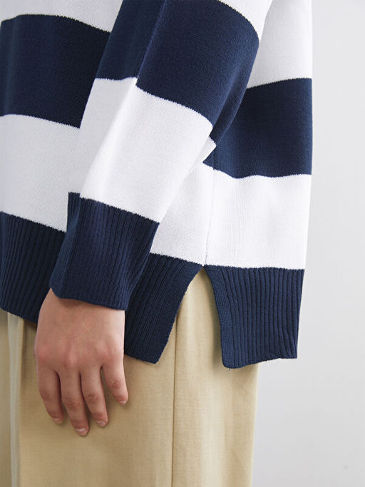 Bisiklet Yaka ?izgili Oversize Kad?n Triko Kazak