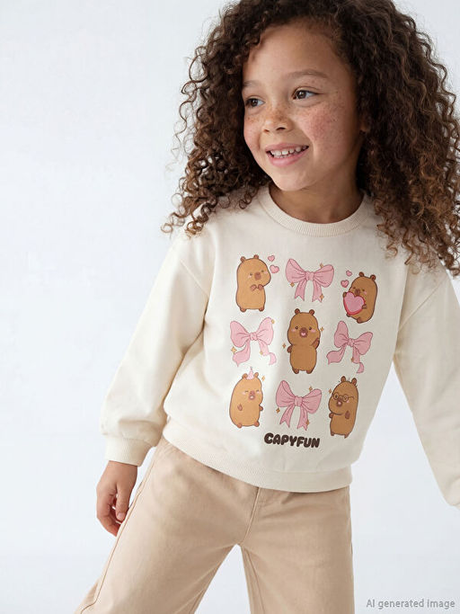 Bisiklet Yaka Capyfun Bask?l? K?z ?ocuk Sweatshirt