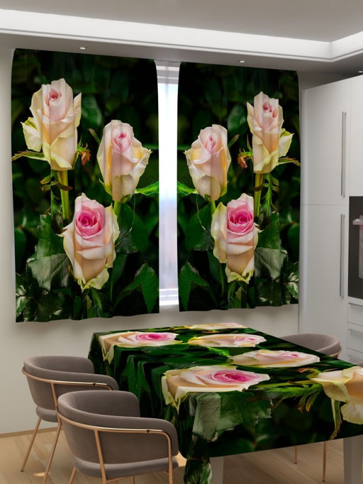 Фотошторы для кухни Бежевые кусты роз Скатерть 145*200