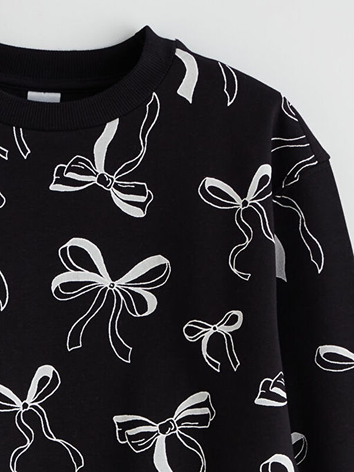 Bisiklet Yaka Fiyonk Desenli K?z ?ocuk Sweatshirt