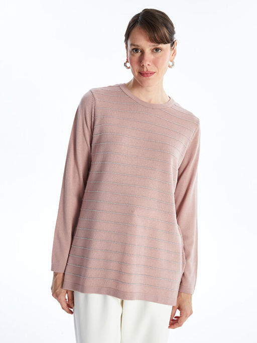 Bisiklet Yaka ?izgili Uzun Kollu Kad?n Triko Kazak