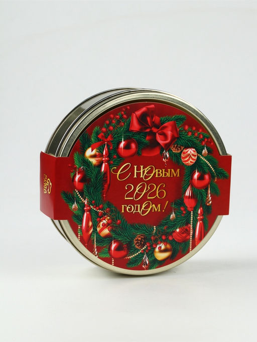 Подарочный набор новогодний С Новым 2026 годом в железной банке: чай, монпансье, варенье, открытка