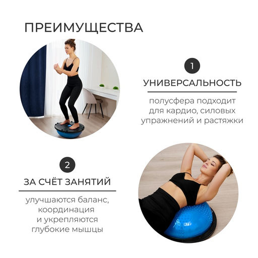 Полусфера BOSU гимнастическая ONLYTOP, массажная, с насосом, 58×25 см, синяя