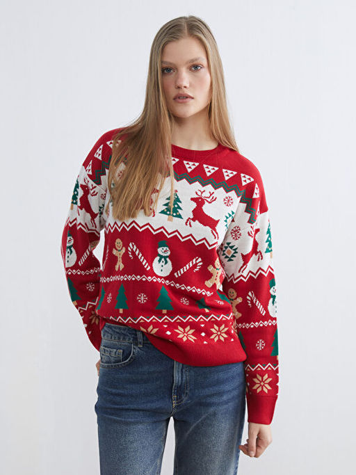 Bisiklet Yaka Y?lba?? Temal? Kad?n Triko Kazak