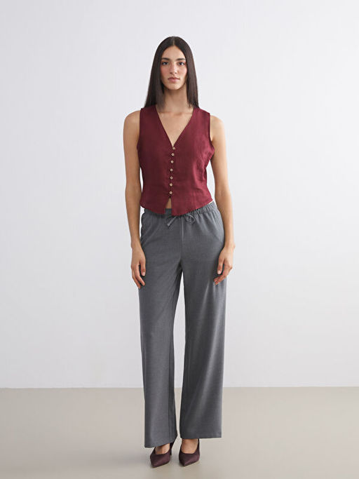 V Yaka %100 Keten Kad?n Klasik Yelek