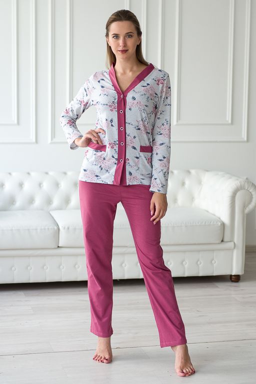 Пижама женская из жакета и брюк из кулирки Эльза цветы, брусничный - Амадэль фото 8