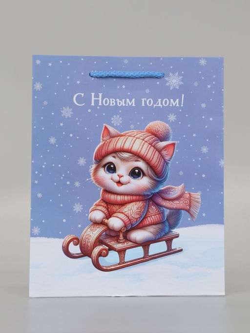 Цена за 2 шт. Пакет подарочный «С Новым годом! Котик на санках» 18×10×22.3 см