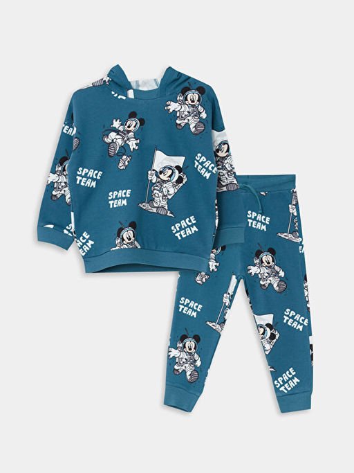 Kap??onlu Uzun Kollu Mickey Mouse Bask?l? Erkek Bebek Sweatshirt ve Pantolon 2li Tak?m