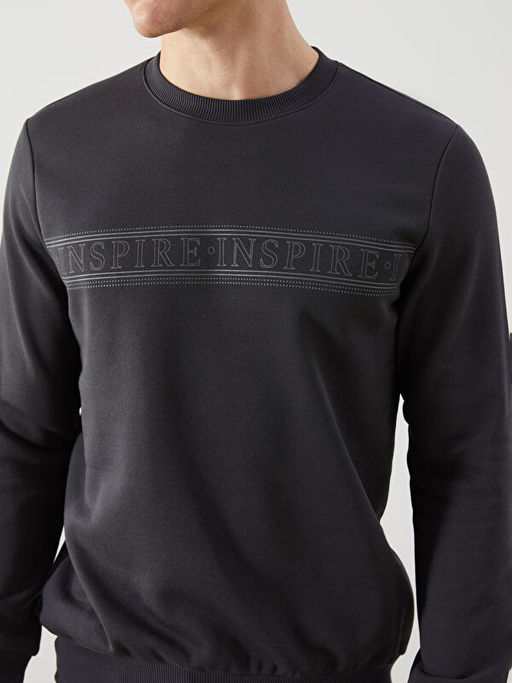 Bisiklet Yaka Bask?l? Erkek Kal?n Sweatshirt