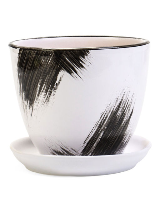 Горшок для цветов Штрих, 1 л, d=15 см, h=13 см, с поддоном, керамика, белый