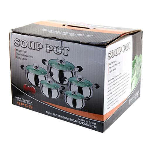 "Яблоко" Набор кастрюль из нержавеющей стали 5 штук: 16х9см 1,8л; 17,5х9,5см 2,4л; 19,5х10,5см 3,2л; 21х11см 4л; 23х12,3см 5,2л, крышки стеклянные, ручки нержавеющая сталь, матовые, сферическая форма, с теплораспределительным дном 0,5см, цветная коро