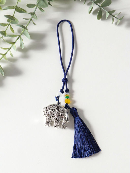 Подвеска металл, текстиль "Слон с кисточкой" синий с серебром 1,5х4,3х14 см