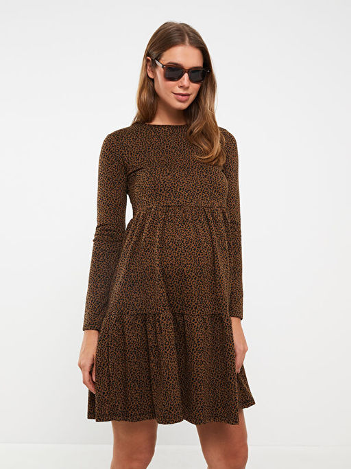 Bisiklet Yaka Desenli Uzun Kollu Hamile Elbise