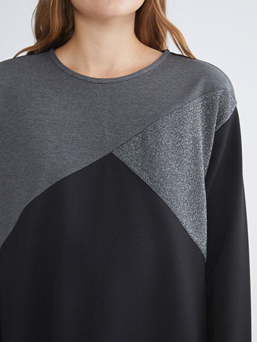 Bisiklet Yaka Renk Bloklu Elbise