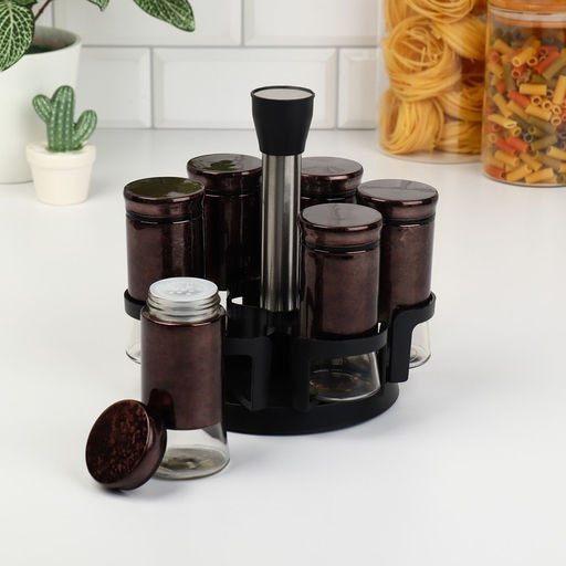 Набор ёмкостей для специй «Богема», 5.5×11 см, 6 шт., на металлической подставке, стекло, коричневый