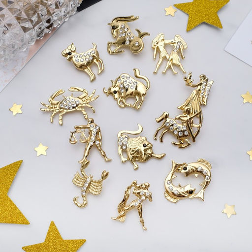 Цена за 12 шт. Брошь «Знаки зодиака», ассорти, гороскоп, белая в золоте