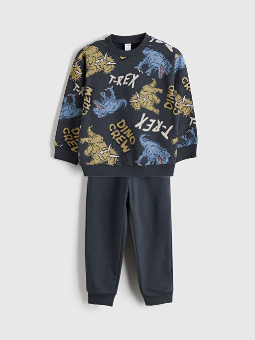 Bisiklet Yaka Bask?l? Uzun Kollu Erkek ?ocuk Sweatshirt ve Pantolon