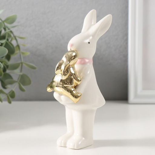Фигурка керамика «Зайка белая с золотым зайчонком», 6.5×4.5×13.5 см