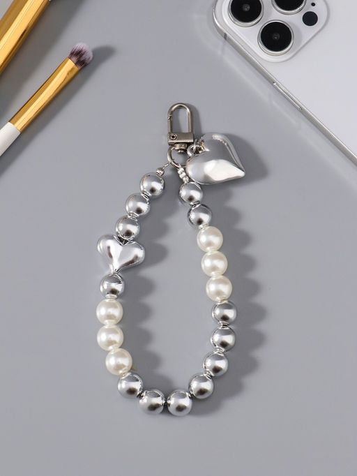 Брелок для ключей на карабине «Жемчужная нить с сердцем», на сумку, рюкзак, серебристо-белый, 11×3×1 см