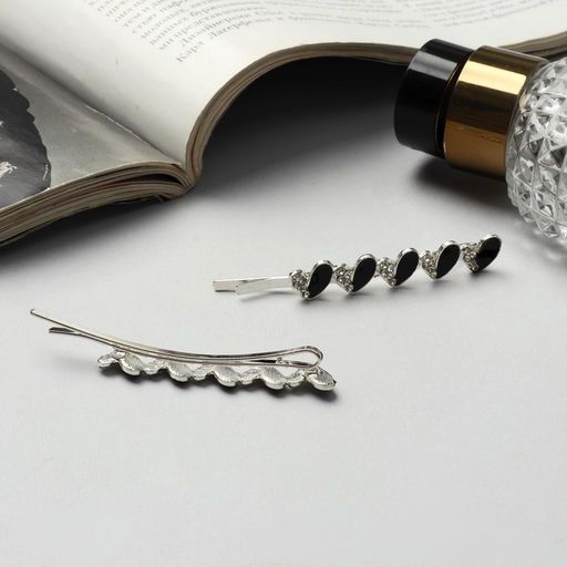 Цена за 2 шт. Невидимки для волос «Аннабелль», набор 2 шт., сердце чёрный, 6.5 см, серебро