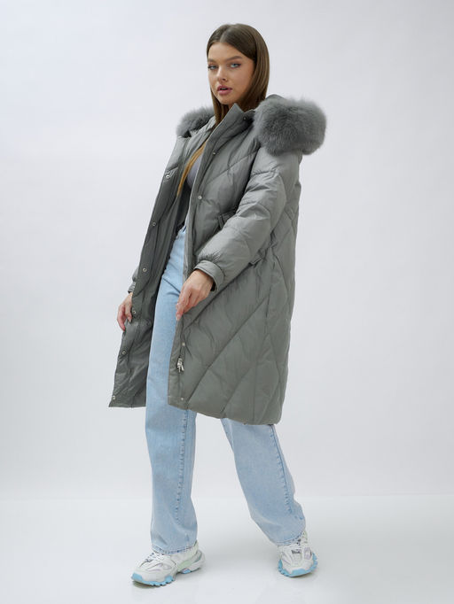 Пальто женское зимние с мехом песец люкс класса серого цвета 1316Sr