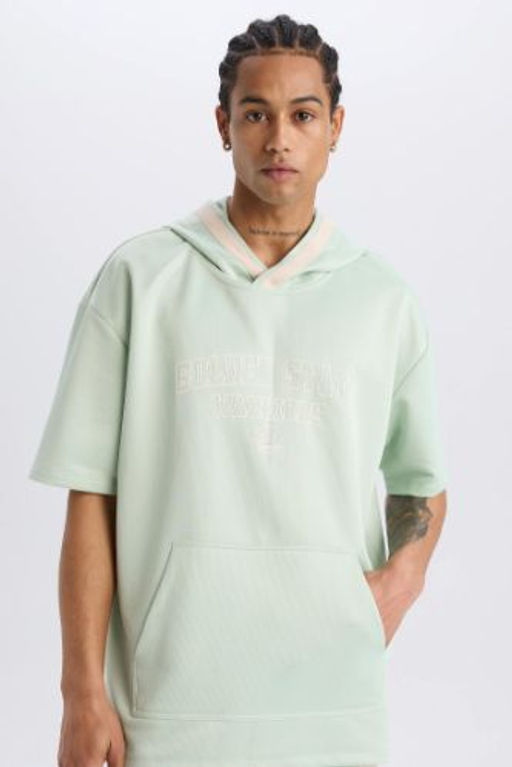 DeFactoFit NBA Golden State Warriors Oversize Genis Kal?p Kapusonlu K?sa Kollu Waffle Tisort