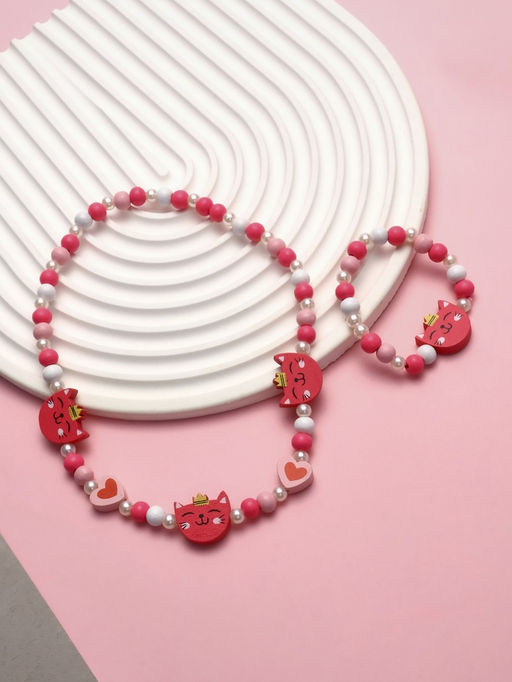Цена за 2 шт. Набор детских украшений «Выбражулька. Кошечка в короне», 2 предмета: бусы, браслет, красно-розовый