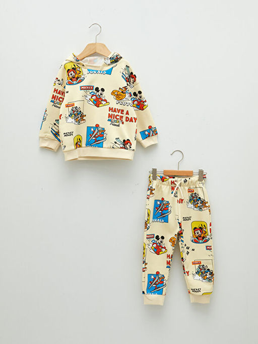 Kap??onlu Uzun Kollu Disney Bask?l? Erkek Bebek Sweatshirt ve Pantolon 2li Tak?m