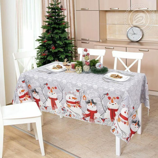 Скатерть Снеговики 150*220 см. рогожка хлопок 100%