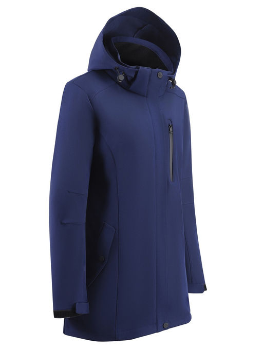 Парка женская софтшелл виндстоппер удлинённая с капюшоном темно-синего цвета 9618_1TS