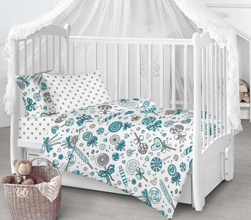 КПБ Бязь (плотность 125 гр.) в дет.кроватку - КАРАМЕЛЬКИ БИРЮЗА В детскую кроватку