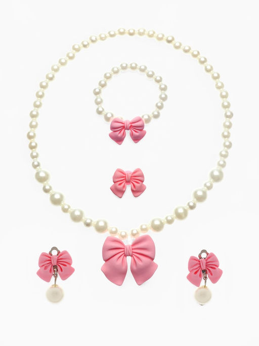 Набор детских украшений Выбражулька Бант, 4 предмета: кулон, браслет d=6 см кольцо, клипсы, бело-розовый  фото 3