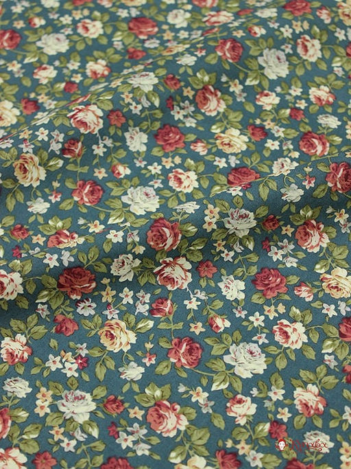 Импорт. хлопок "Розы кораллово-терракотовые" цв.т.зеленая морская волна, ш.1.45м, хл-100%