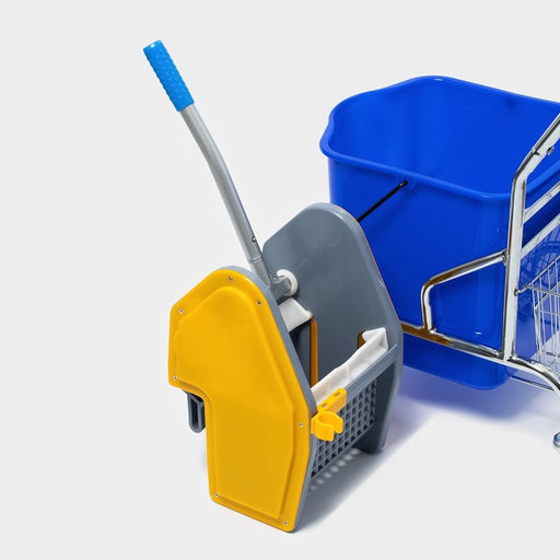 Тележка уборочная одноведерная с вертикальным отжимом и сеткой, синее ведро 25 л, хромированная рама