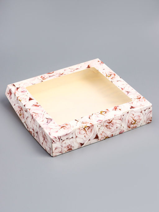 Цена за 20 шт. Коробка подарочная складная с окном «Пионы», 20×20×4 см