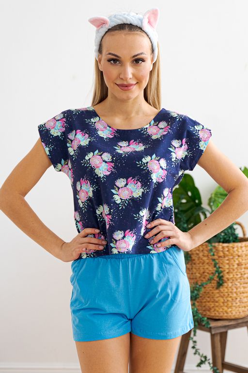 Комплект женский из футболки со спущенным плечом и шорт Fairy-tale цветы на темно-синем - Амадэль фото 7
