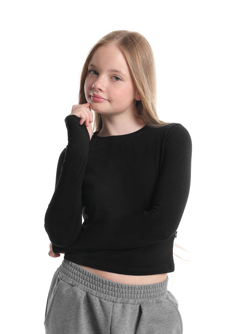 Лонгслив трикотажный спортивный с вырезом для пальца 22-7695 черный - Mini maxi фото 2