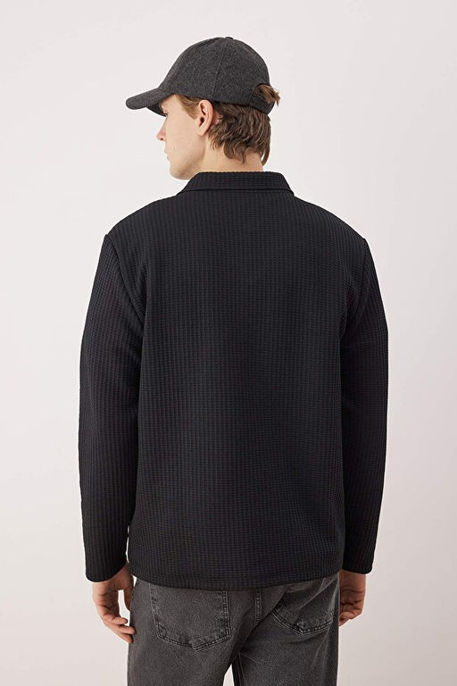 Siyah Relaxed Kesim Waffle Dokulu Polo Yaka Sweatshirt TMNAW26SW00058 - Trendyolmilla фото 2