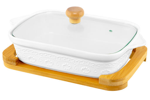 Блюдо д/запекания и сервировки 1,1 л 30*18*13 см "Белый узор" с стекл крышкой на дер подст.