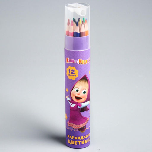 Цветные карандаши, 12 цветов, в тубусе с точилкой, Маша и Медведь