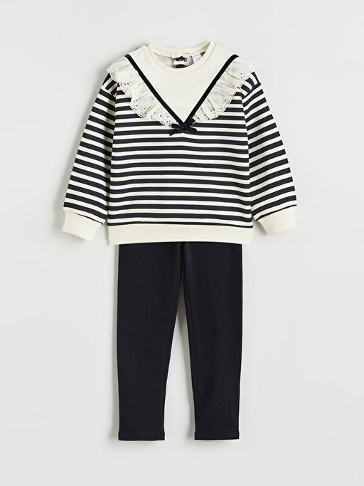 Bebe Yaka ?izgili K?z ?ocuk Sweatshirt ve Tayt