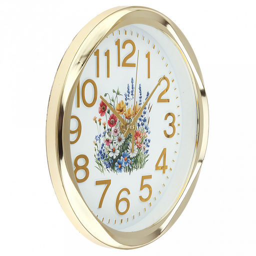 Часы настенные Летний сад д24,8см, h4,5см, мягкий ход, циферблат Цветы белый; цифры арабские, золотой; корпус пластик, золотой; в коробке (Китай) - Домашняя мода фото 2