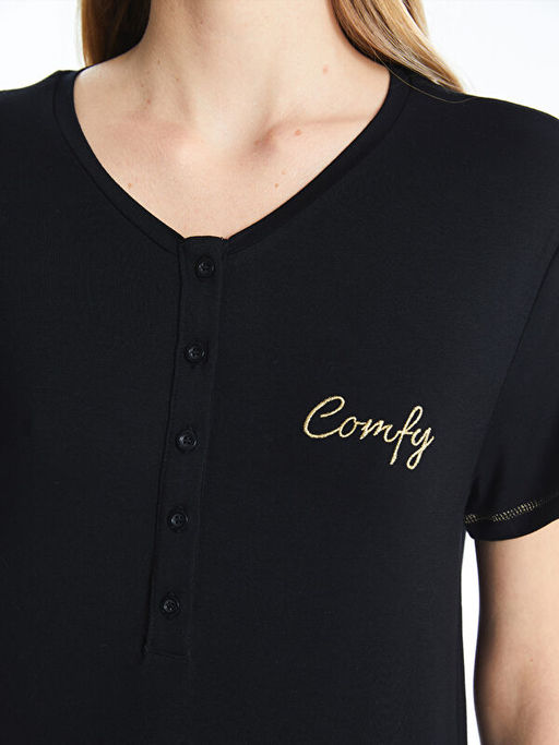 V Yaka Nak??l? K?sa Kollu Kad?n Gecelik