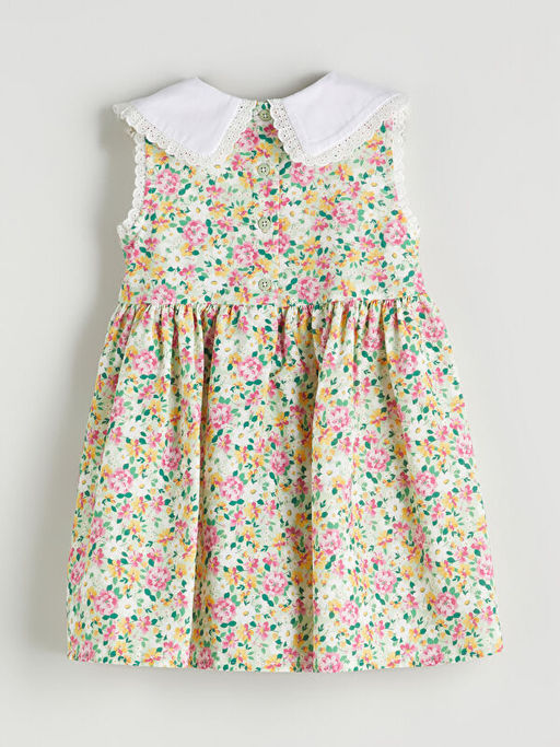 Keten Kar???ml? ?i?ekli K?z ?ocuk Elbise