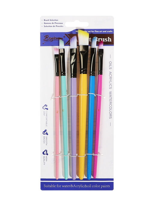 Набор кистей для рисования, синтетика, 6 штук: № 2, 4, 6, 8, 10.12, плоские, скошенные, с цветными ручками, международный размер