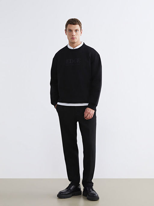 Bisiklet Yaka Bask?l? Erkek Kal?n Sweatshirt