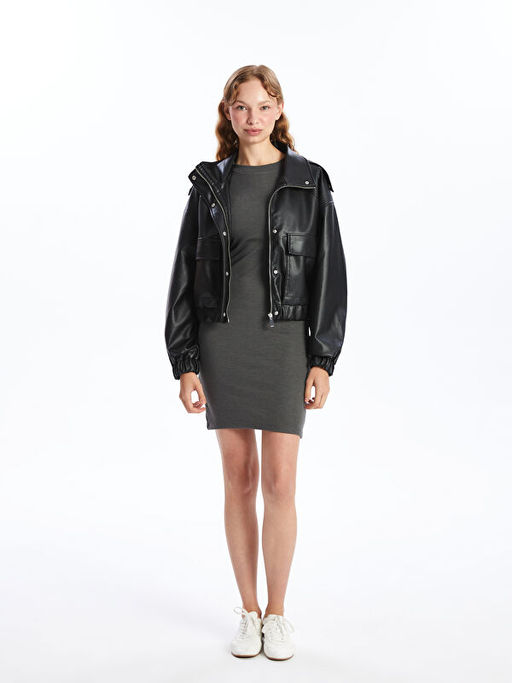 Dik Yaka Oversize Kad?n Deri G?r?n?ml? Ceket