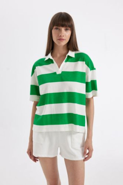 Relax Fit Cizgili Penye K?sa Kollu Polo Tisort