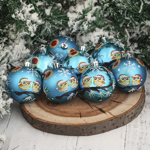 Ёлочные игрушки Совята, шары новогодние, d=6 см, набор 8 шт., голубой