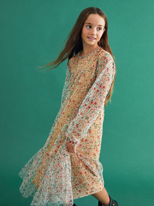 Yakas? F?rf?r Detayl? Desenli Uzun Kollu K?z ?ocuk Elbise - Waikiki фото 2